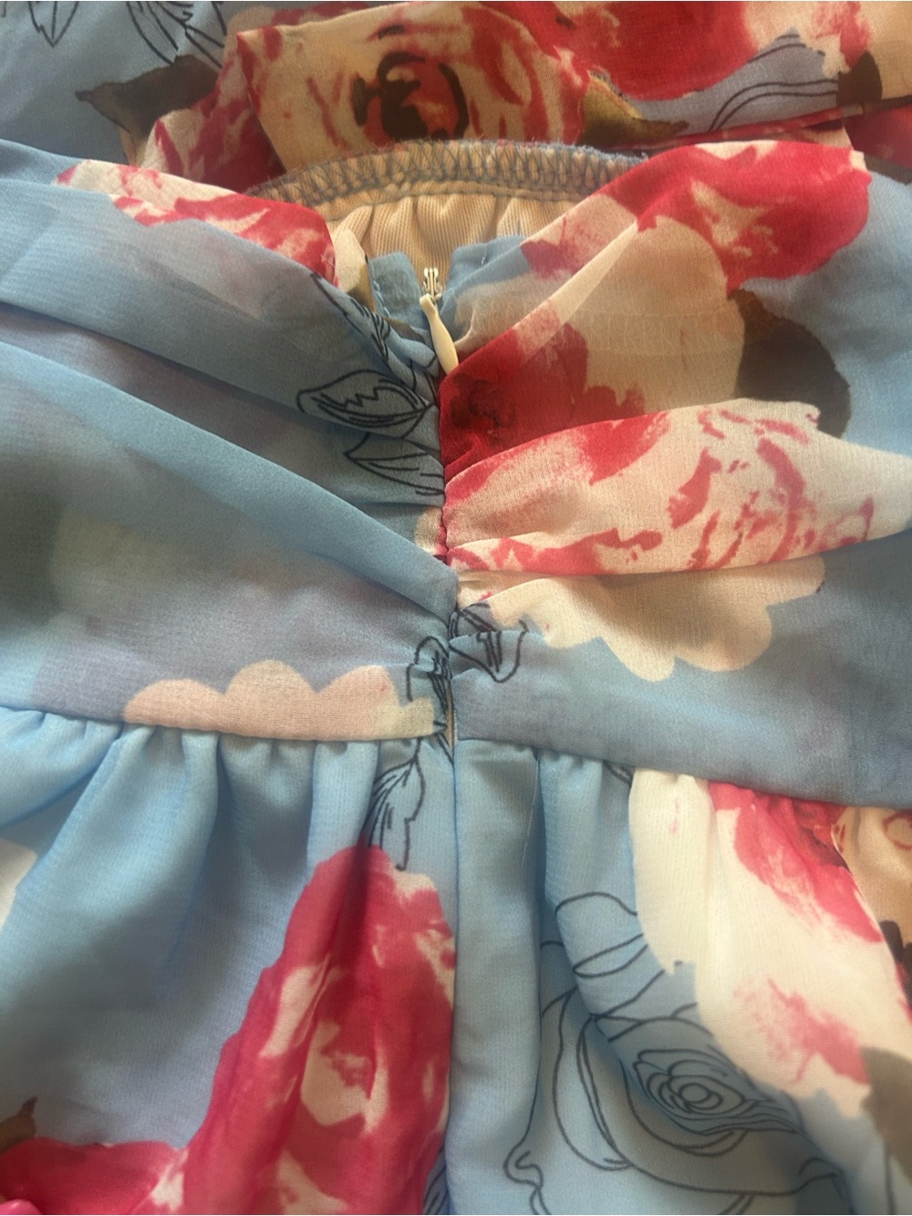 NWOT Floral Print Lace Up Cut Out Backless Chiffon Dress - Blue/Pink, size S - Picture 10 of 13
